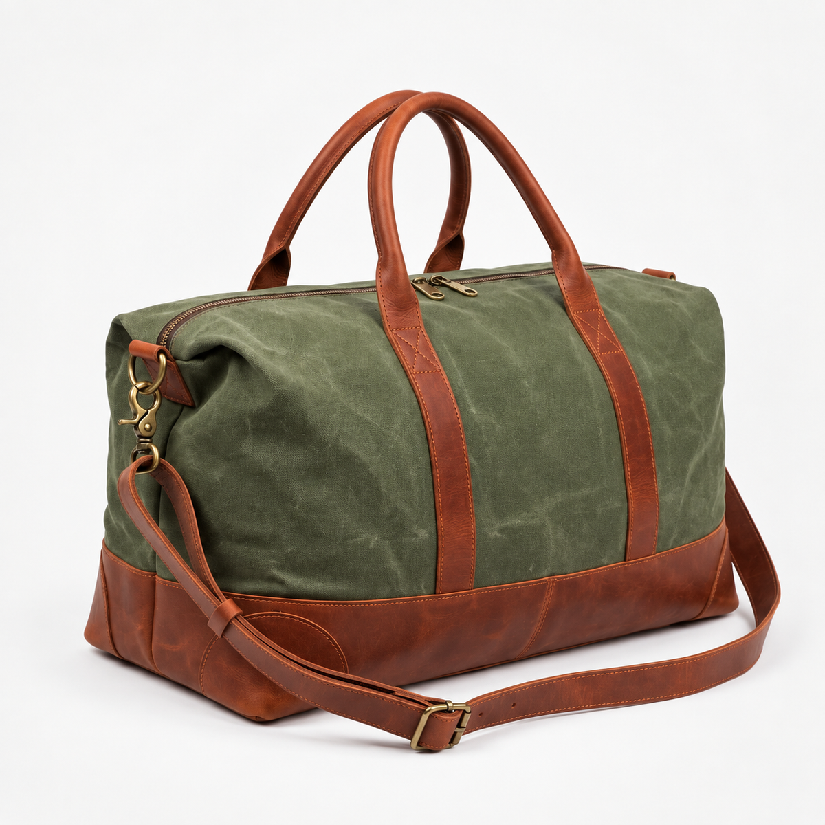 Auli Leather Green Canvas & Full-Grain Leather Weekender Duffel Bag