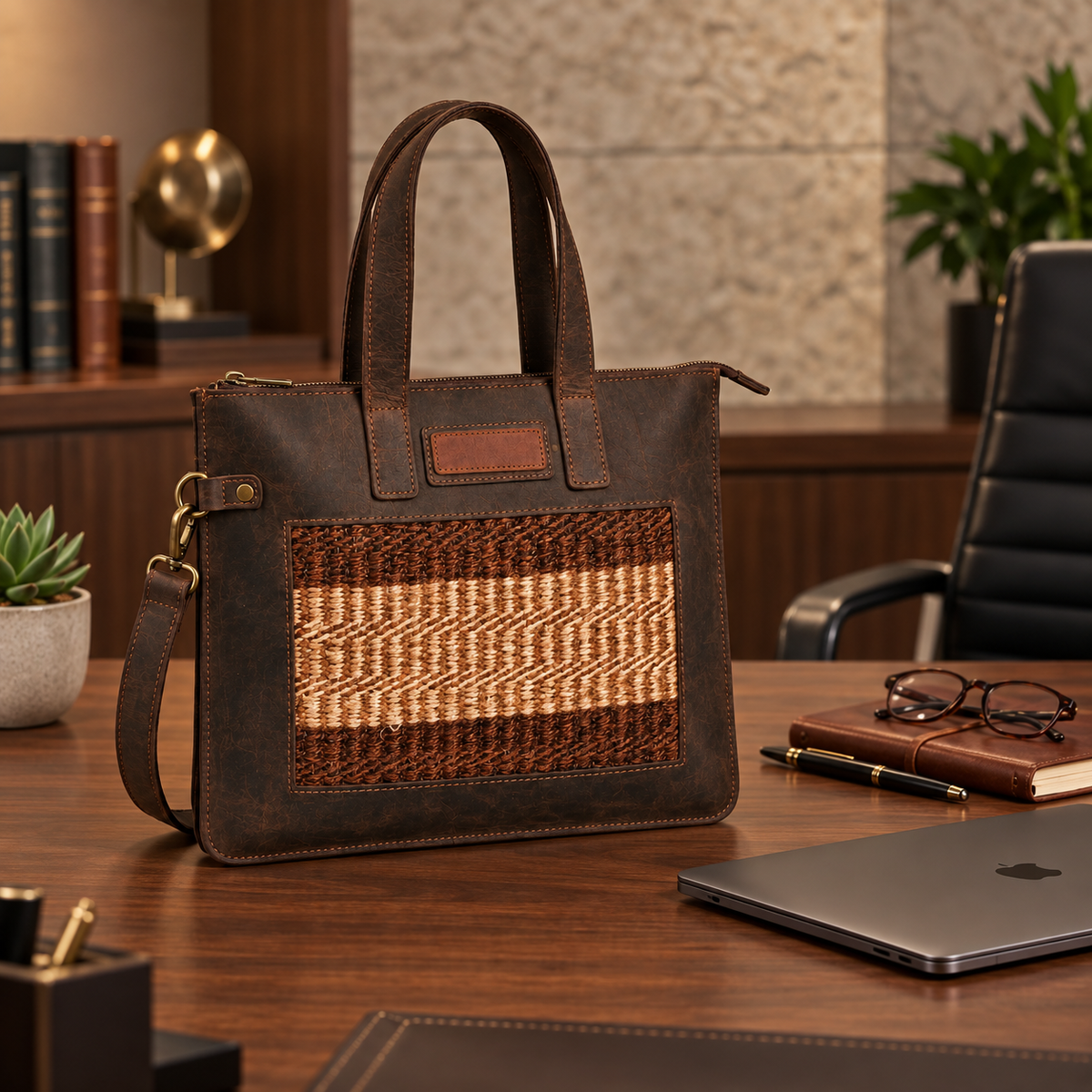 Sisal Genuine Leather Padded Laptop Sleeve with Shoulder Strap