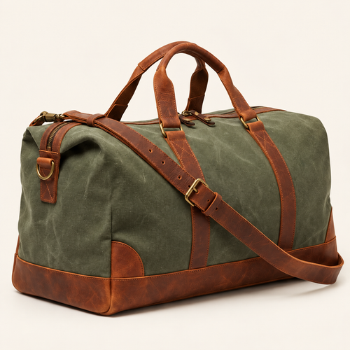 Auli Leather Green Canvas & Full-Grain Leather Weekender Duffel Bag