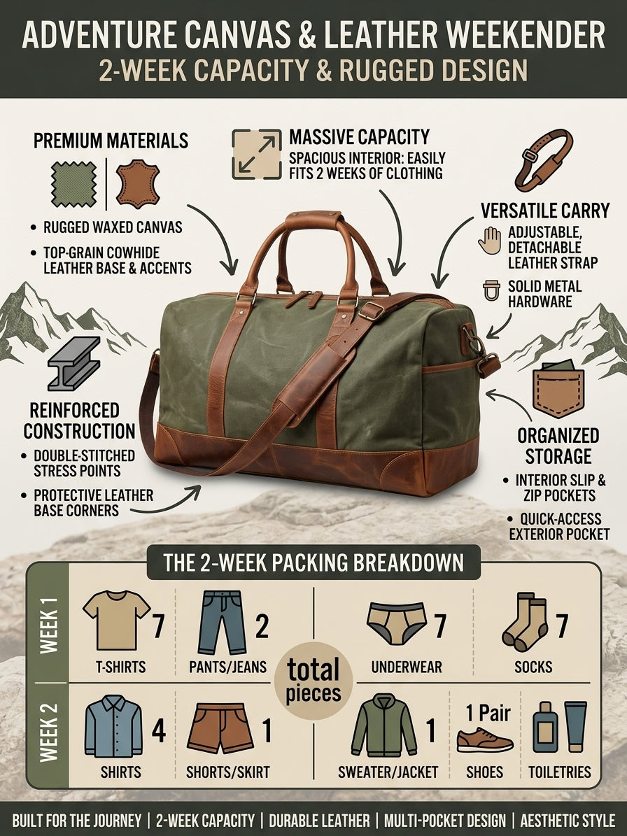 Auli Leather Green Canvas & Full-Grain Leather Weekender Duffel Bag