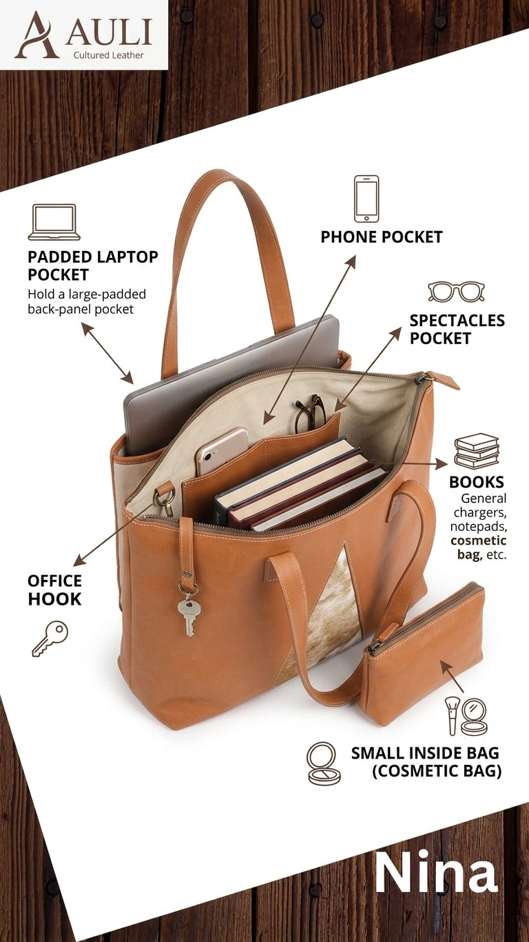 Nina Full-Grain Leather Tote Bag with Natural Hair-On Cowhide