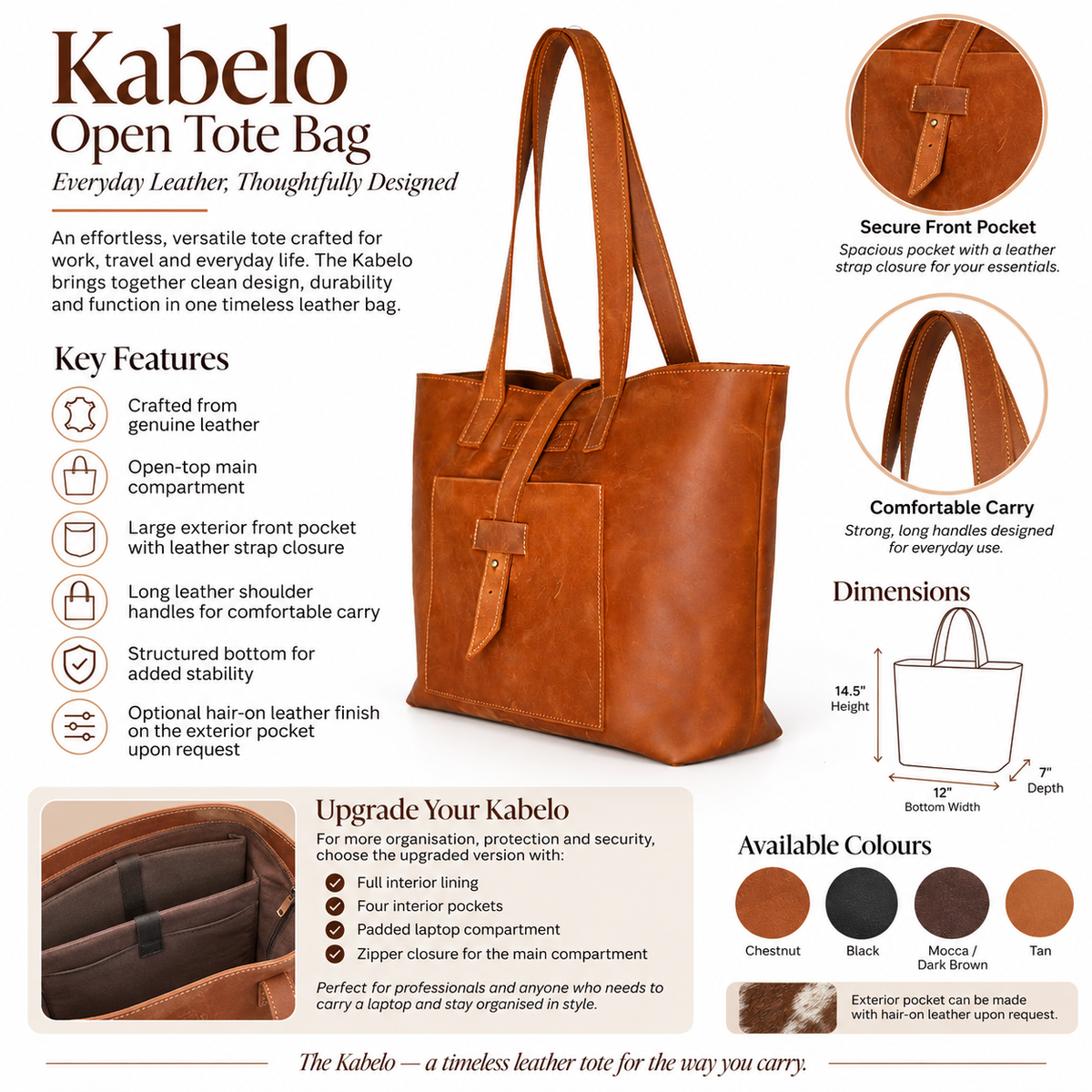 Kabelo Genuine Brown Leather Open Tote Bag with Front Pocket - AULI Leather