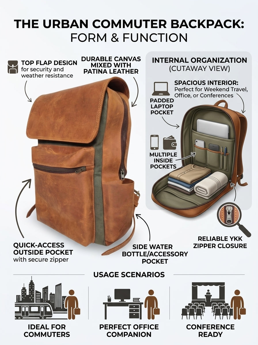 Lihlaba Pull-Up Leather & Canvas Commuter Backpack – 15.6" Laptop