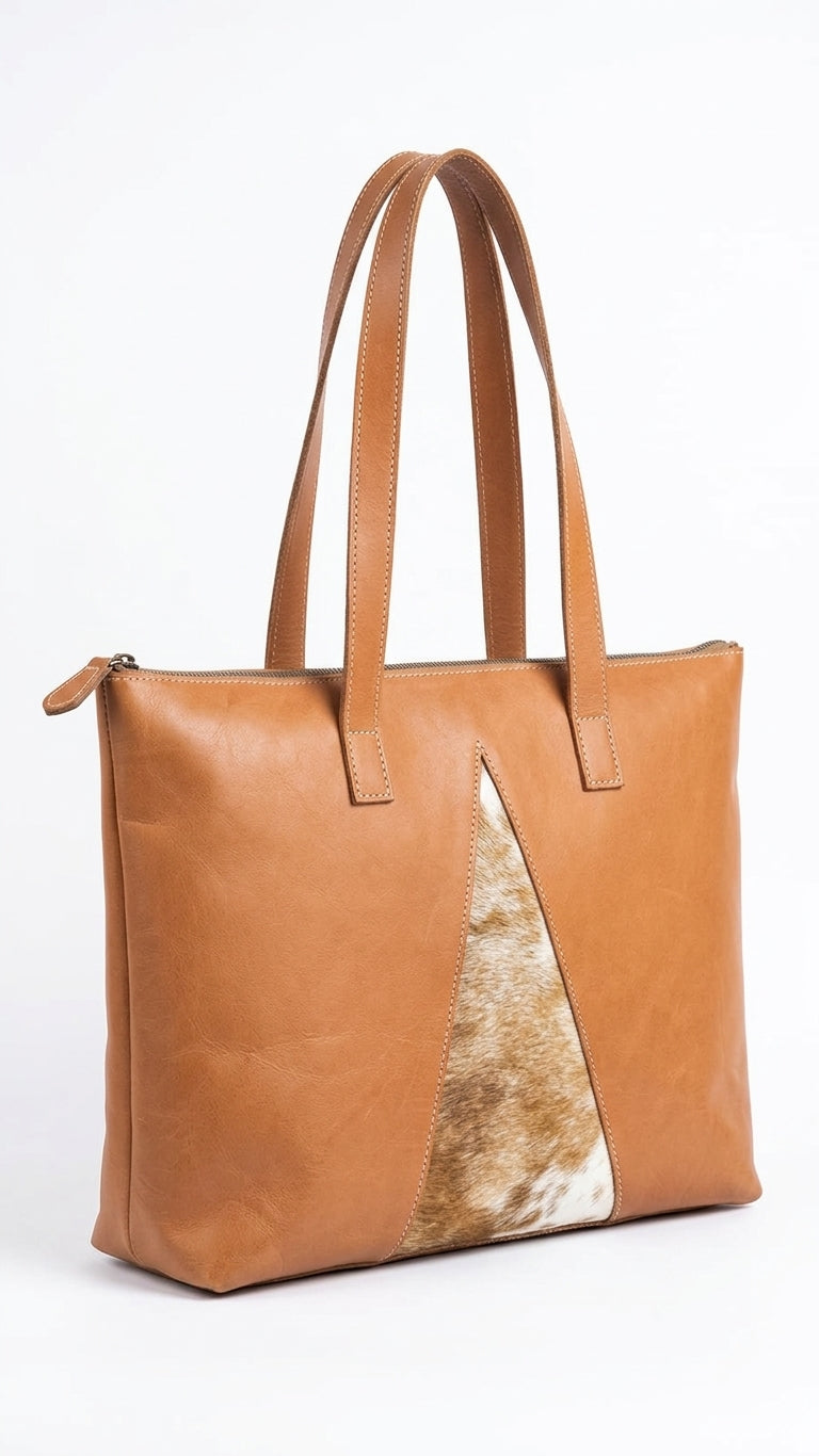Nina Full-Grain Leather Tote Bag with Natural Hair-On Cowhide