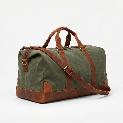 Auli Leather Green Canvas & Full-Grain Leather Weekender Duffel Bag